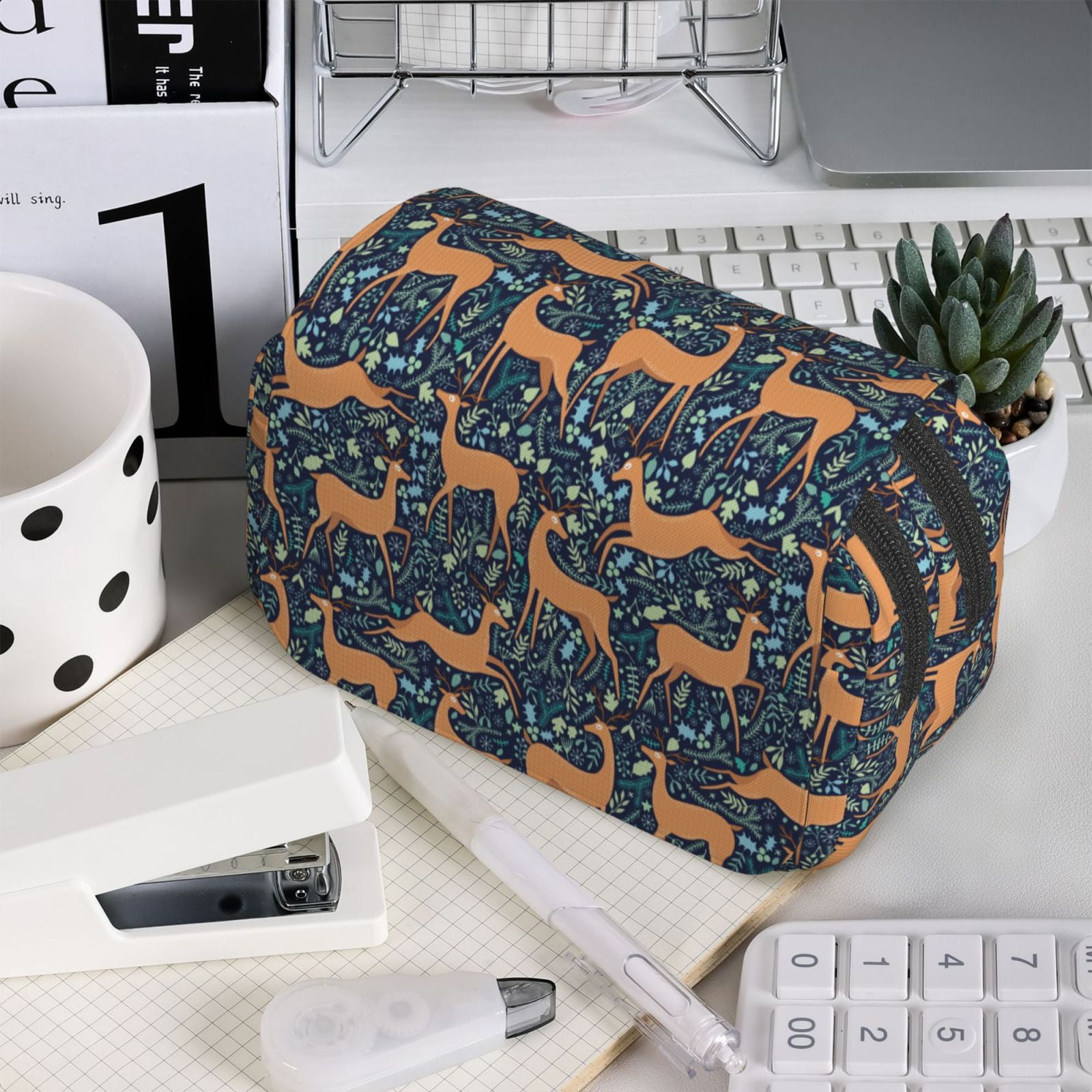 Rateoe Reindeer Pattern Double Clamshell Pen Case, Storage Organizer with Two Zipper Compartments– Holds Up to 50 Pencils & Pens