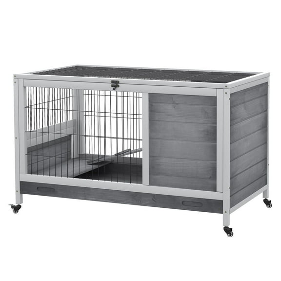 Indoor Rabbit Cage, Wooden Bunny Hutch with Wheels & Tray - Elevated Habitat for Rabbits, Guinea Pigs - Gray