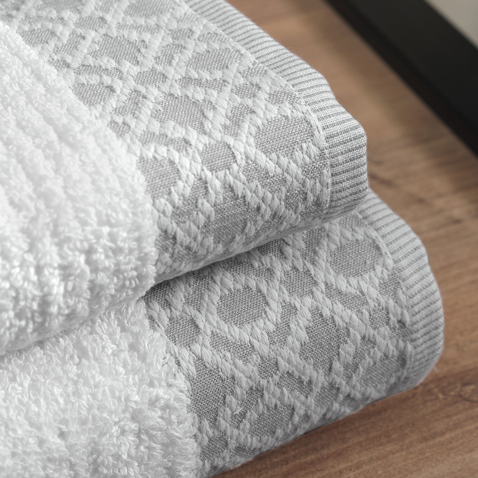 Market & Place Turkish Cotton Jacquard 6-Piece Hand Towel Set, White/Light Grey