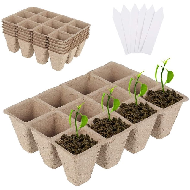 Muyoka Paquete de 6 bandejas de inicio de plántulas biodegradables, con etiquetas de plantas de 6 piezas para jardines, parches de vegetales, frutas, viveros e invernaderos, biodegradables compostable Muyoka Hogar