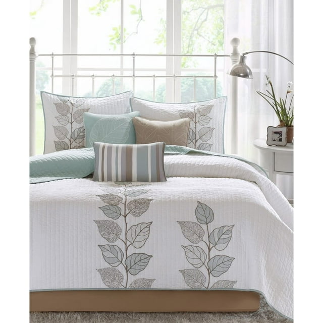 Madison Park Caelie 6 Piece Quilted 90 X 90 Inch QueenCoverlet Set with Embroidered Leaf Print, Blue