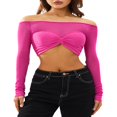thumbnail image 2 of Women Off Shoulder Long Sleeve Top Mesh Ruched Slim Fit Crop T Shirt Sheer Blouse, 2 of 5