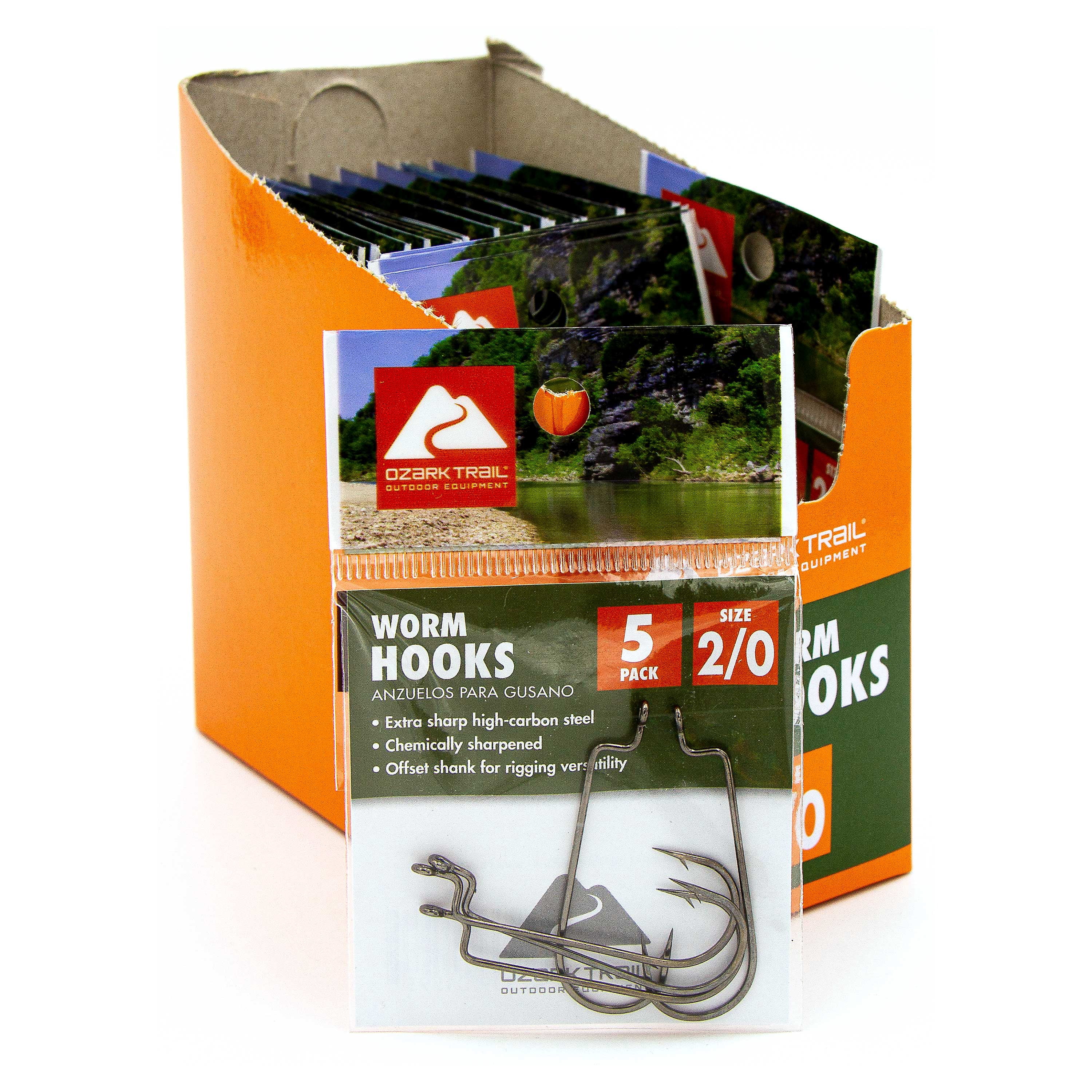 (10 pack) Ozark Trail Offset Worm Fishing Hooks, Size 2/0, High-Carbon Steel, 5-Pack