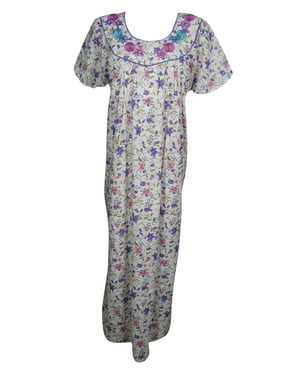 Mogul Womens Maxi Caftan Dress Printed Cap Sleeves Summer Comfy Sleepwear Night Dress Holiday Nightgown L