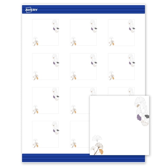 Avery Square Business Cards, Floral Design, 2" x 2", 120ct, Matte, Silver Metallic with Gingko Leaves