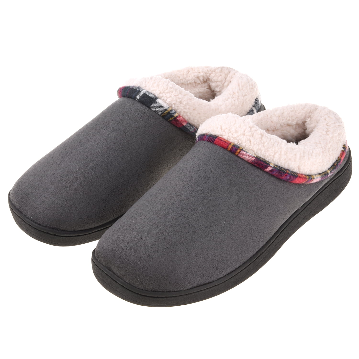 MENS GREY SLIPPERS COSY MEMORY FOAM FAUX FUR LINED HARD SOLE GENTS MULES SIZE