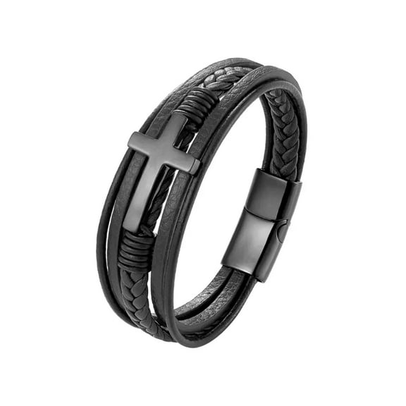 Multilayer Mens Bracelet, Genuine Leather with Cross, Christian Bracelet, Black/Black