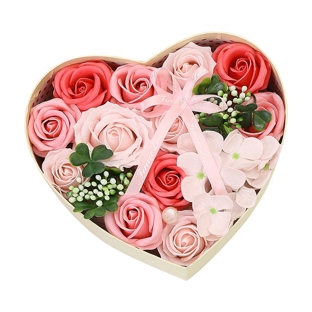 leyfeng Flor de rosa de jabón en caja de regalo en forma de corazón con tarjeta de felicitación Flores de rosa falsas artificiales perfumadas
