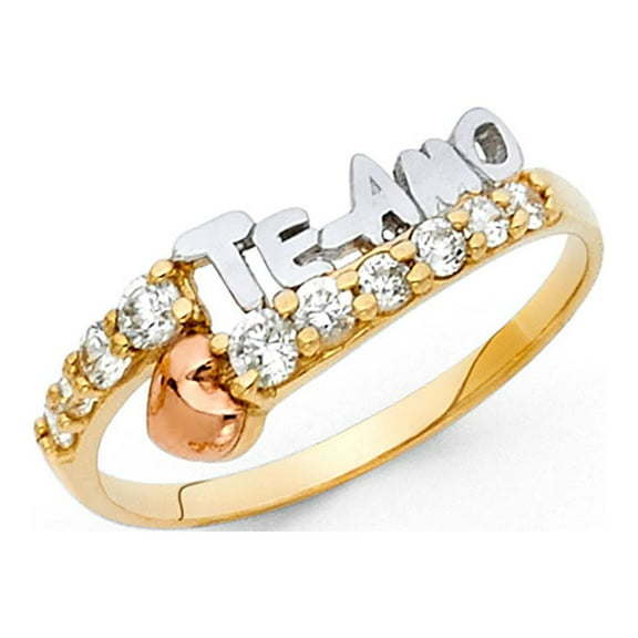 Te Amo Ring Solid 14k Yellow White Rose Gold Heart Band Love CZ Promise Ring Stylish Polished, Size 7