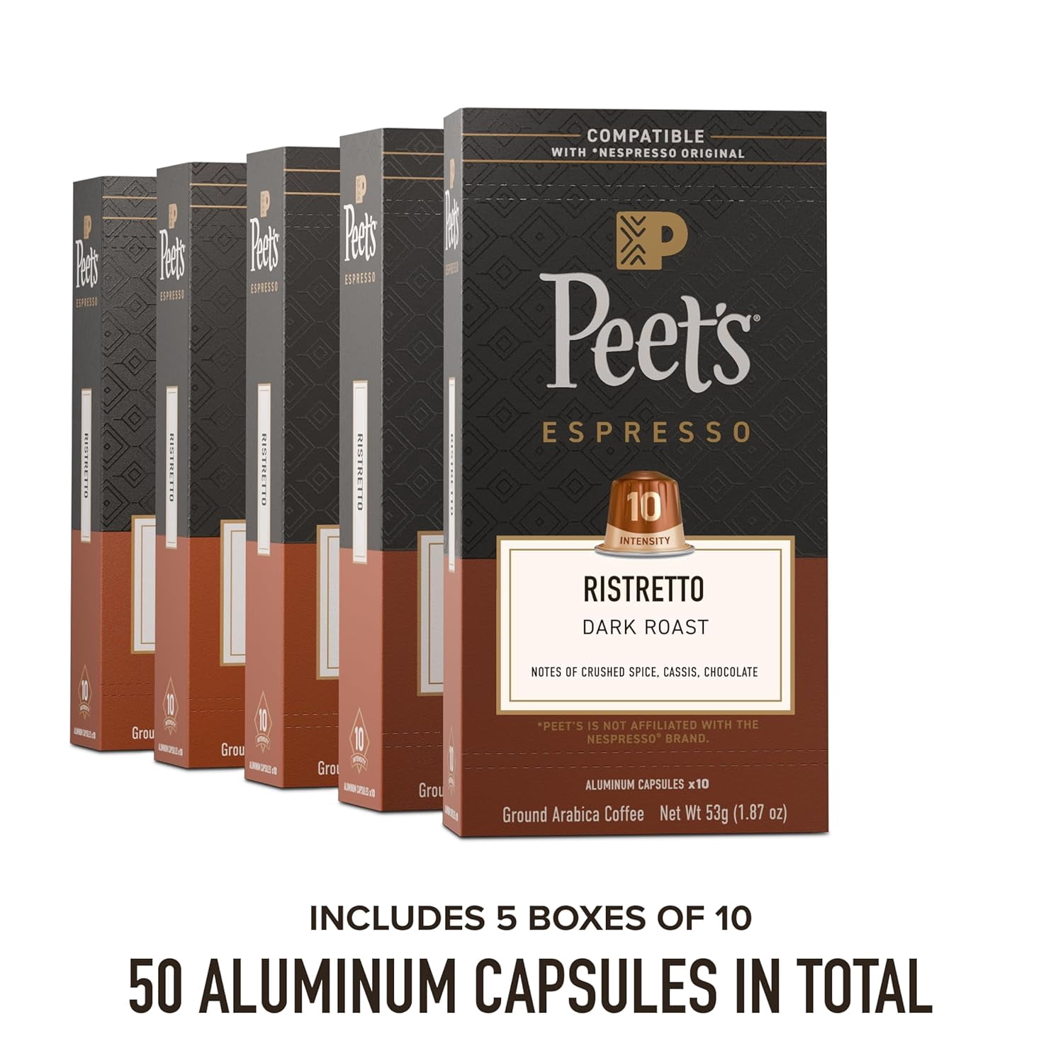 Peet's Coffee, Dark Roast Espresso Capsules, Compatible with Nespresso Original Machine, 100% Arabica Coffee - Ristretto Intensity 10, 50 Count (5 Boxes of 10 Espresso Capsules)