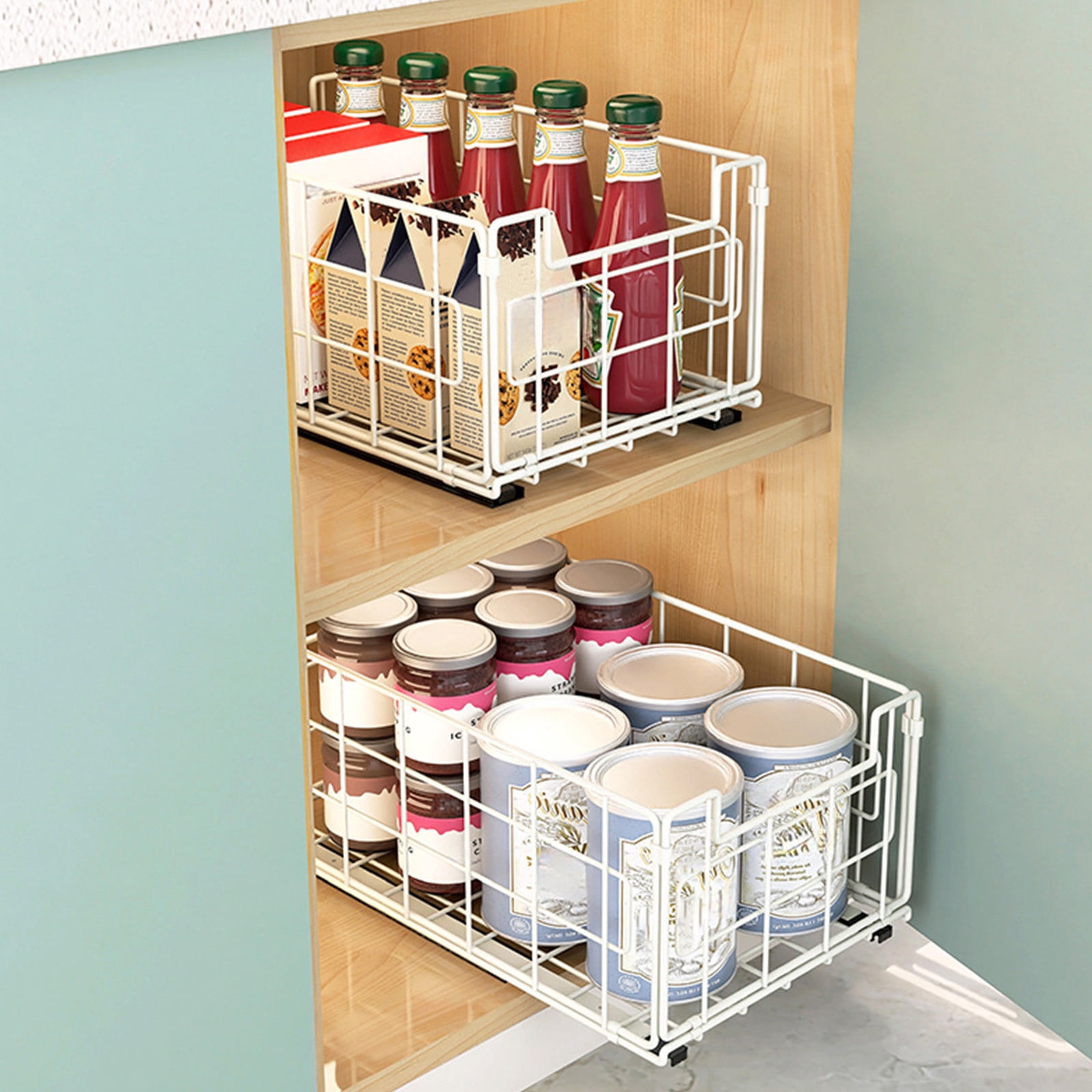 Simple Houseware Pull-Out Cabinet Sliding Basket Organizer, 6.3X13.2X8.5In, Ideal for Kitchen and Bathroom Cabinet Storage, Under Sink(White)