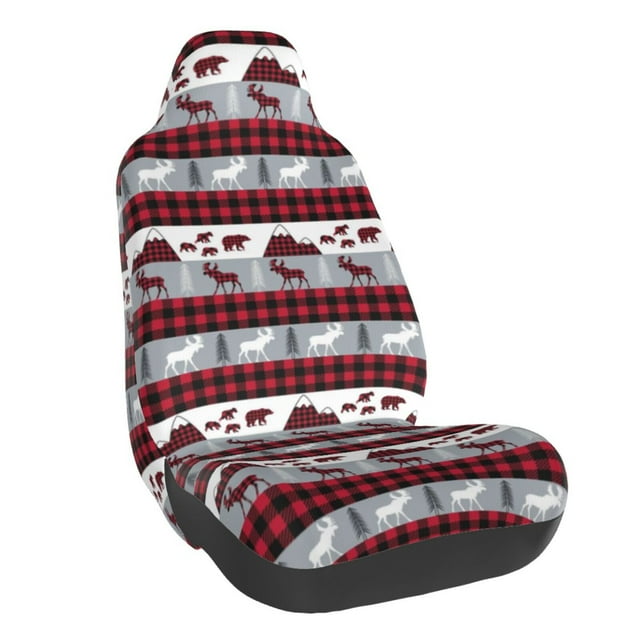 Wukai Buffalo Plaid Forest Full Set Car Seat Covers with Soft Padding Universal Auto Front Seats Protector and Cushion Mat