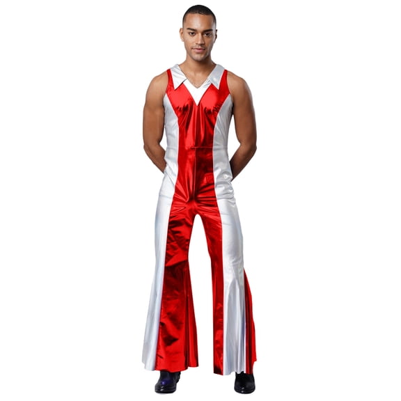 Choomomo Men's 70s 80s Disco Prom Jumpsuit Lapel V-Neck Metallic Shiny Flared Long Pants Romper Red XL