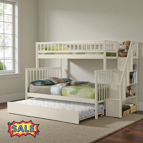 Tcbosik Twin Over Full Size Bunk Bed with Trundle, Wood Bed Frame with Open Shelves, Stairs and Guardrail, Space Saving, Cream
