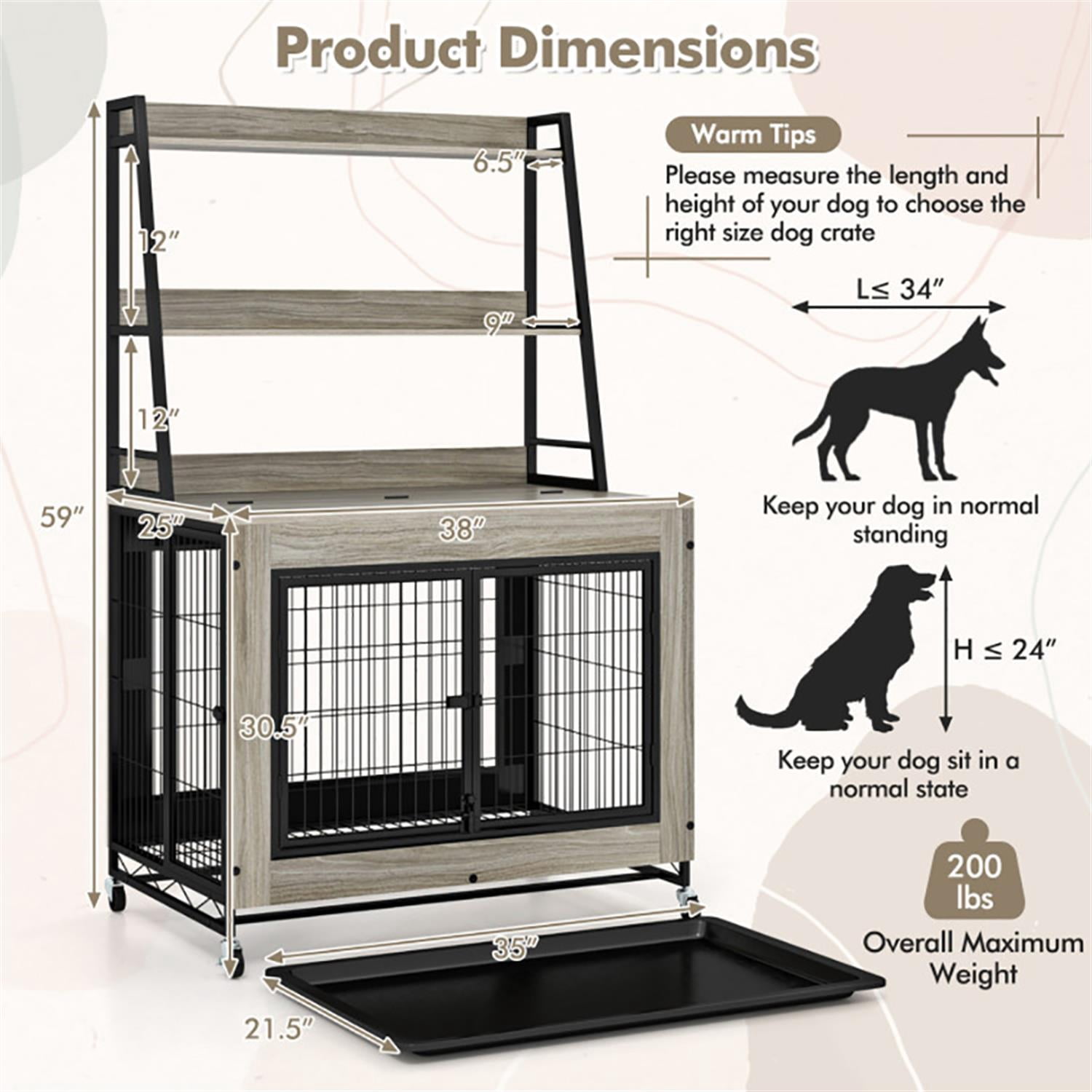 Demi Bonn 38" Industrial Dog Crate Furniture with Storage Shelves, Wooden Kennel Table with Double Doors, Indoor Dog House for Medium Dogs, Gray