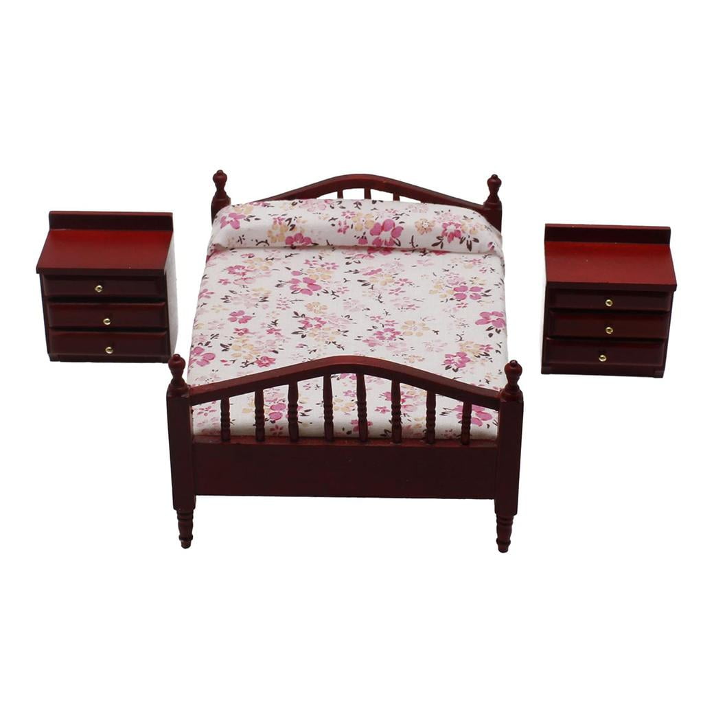 Dollhouse Miniature Double Bed & Night Stand Walnut 1:12 scal J30 Dollys Gallery 