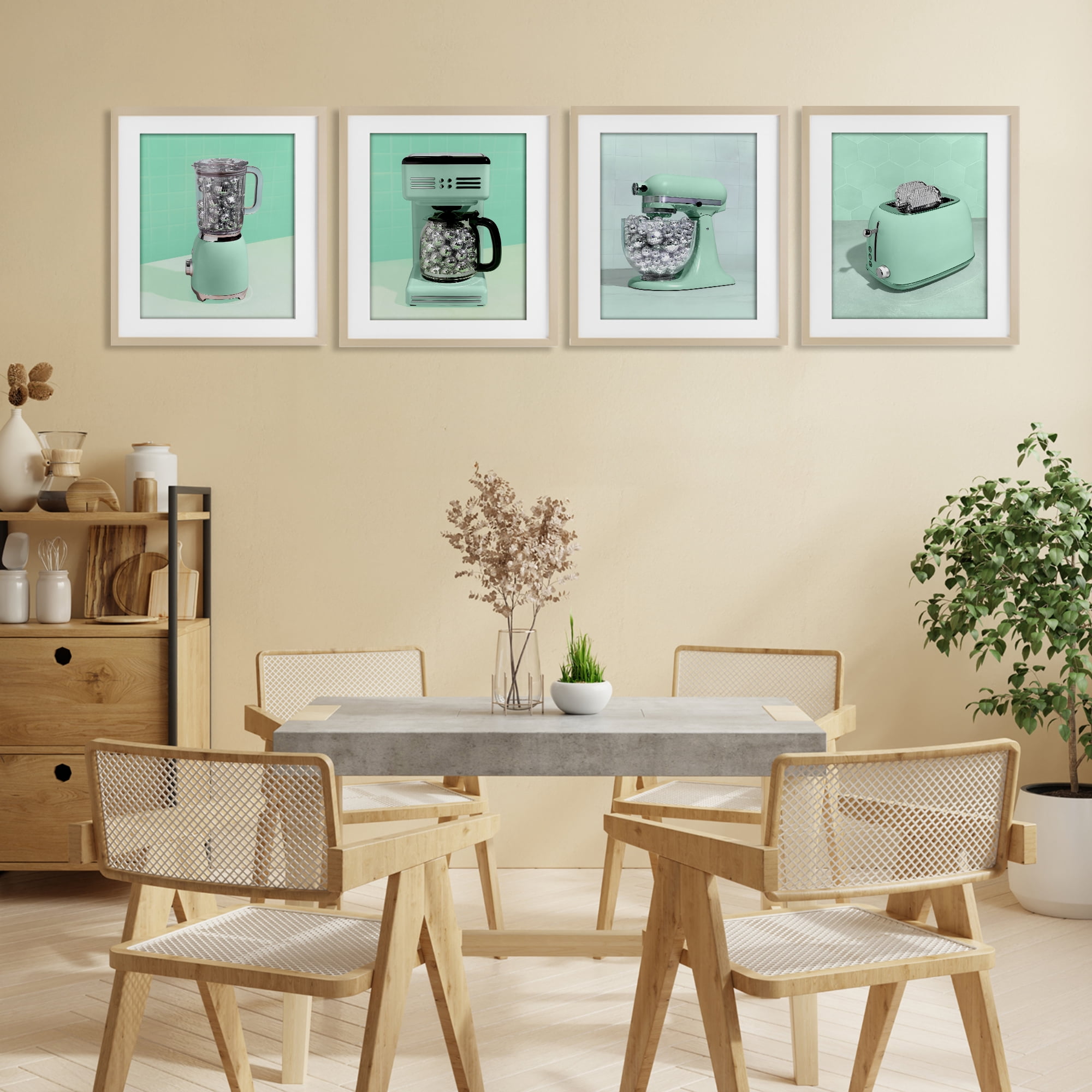 Stupell Industries Disco Drink Blender over Green 4 Piece Birch Framed Print Under Glass Set, design by LISH Creative