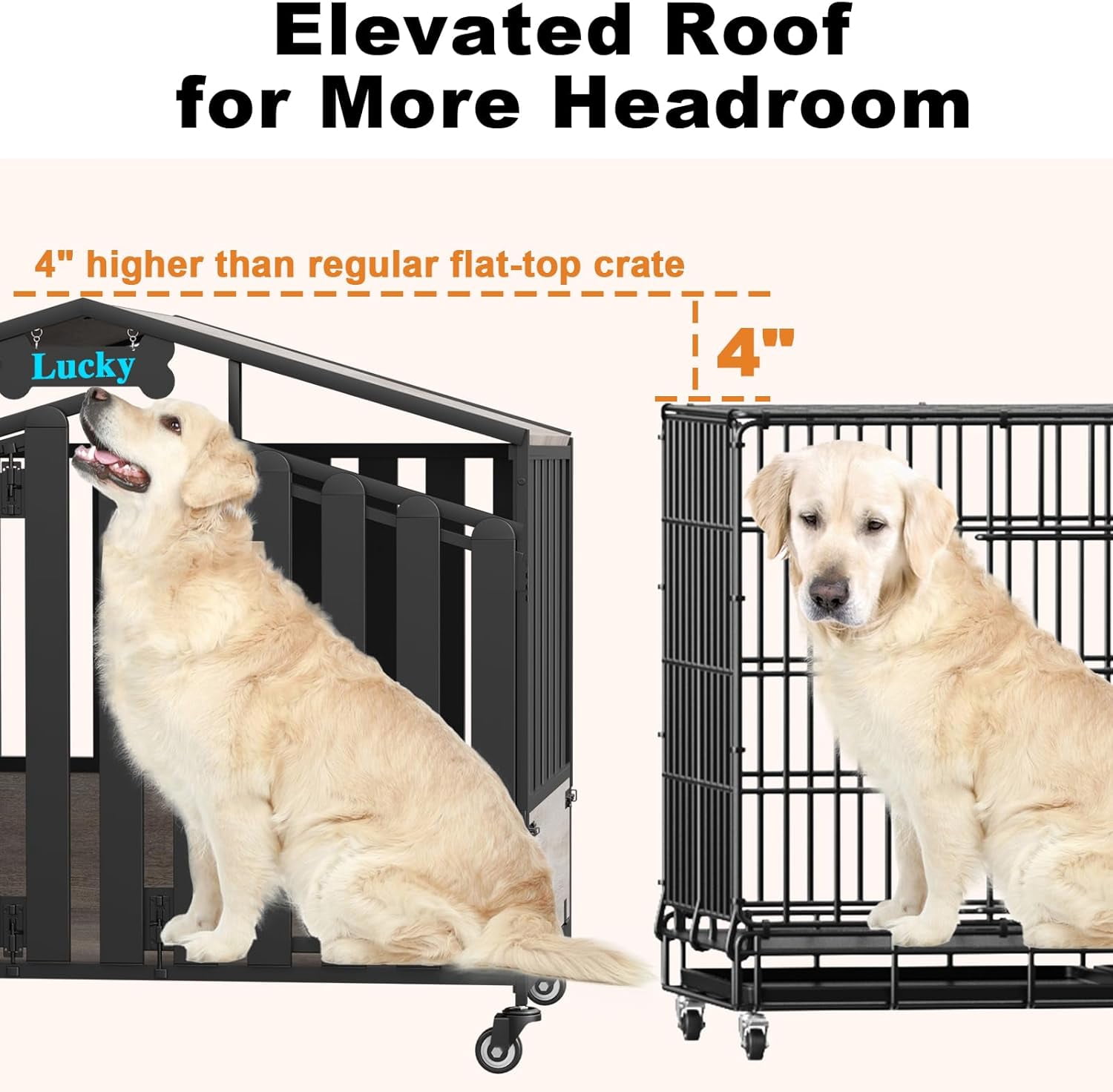 POAO 41"Heavy Duty Dog Crate Furniture for Medium Dogs(35-60lb), Dogs Kennel Indoor with 360° Wheels,Dog Cage with Feeding Window and Name Tag