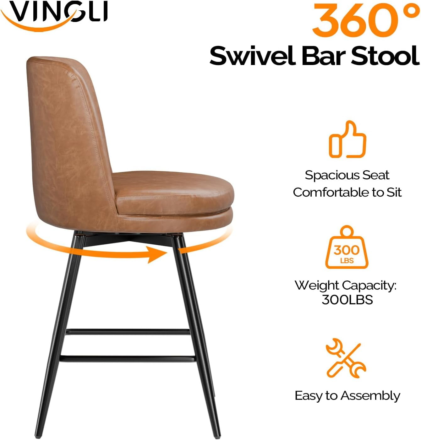 VINGLI 26" H Swivel Barstools Set of 2, PU Faux Leather Upholstered Counter Height Bar Stool with Back, Kitchen High Chairs with Cushion Round Seat, Metal Legs, White