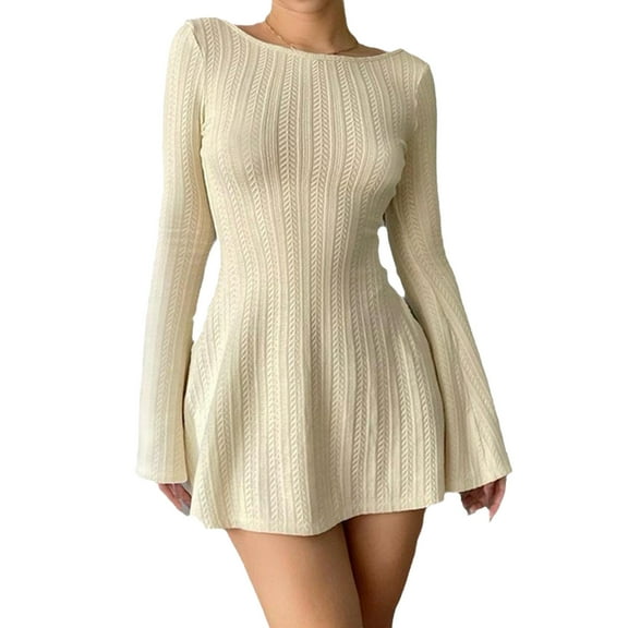 DHFJKG Womens Sweaters Dress Knit Jacquard Slim Fit Solid Color Long Sleeve Scoop Neck Mini Dress Winter Cozy Dresses