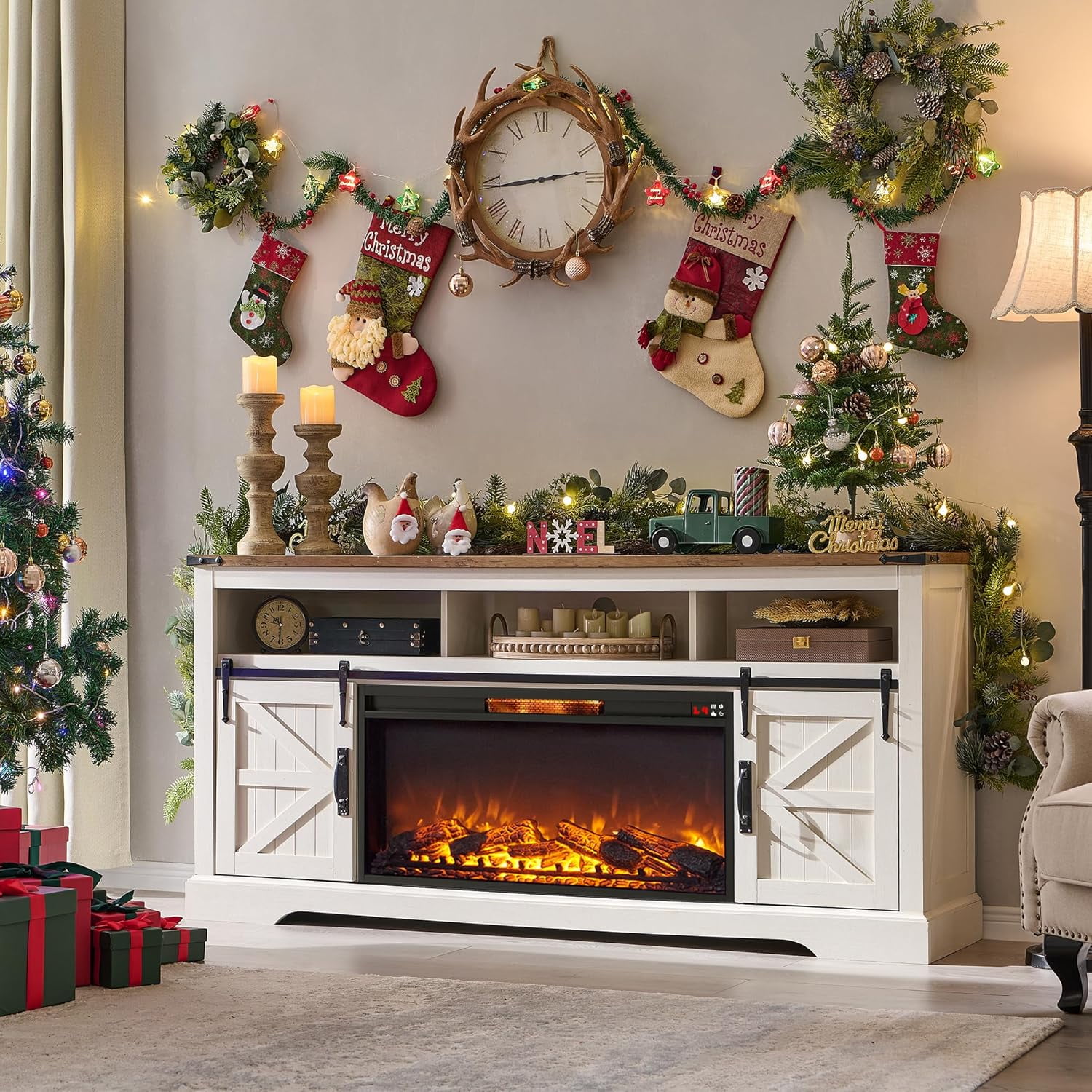 OKD Farmhouse Fireplace TV Stand for 80" TV, Highboy Entertainment Center with 36" Electric Fireplace, Media Console with Sliding Barn Door for Living Room, Antique White