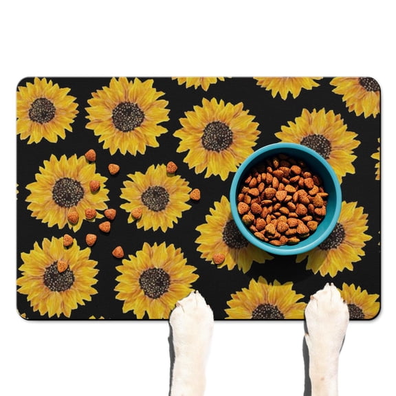 Sunflower Print Pet Feeding Mat, Durable Waterproof Absorbent Non-Slip Dog Food Mat Quick Dry