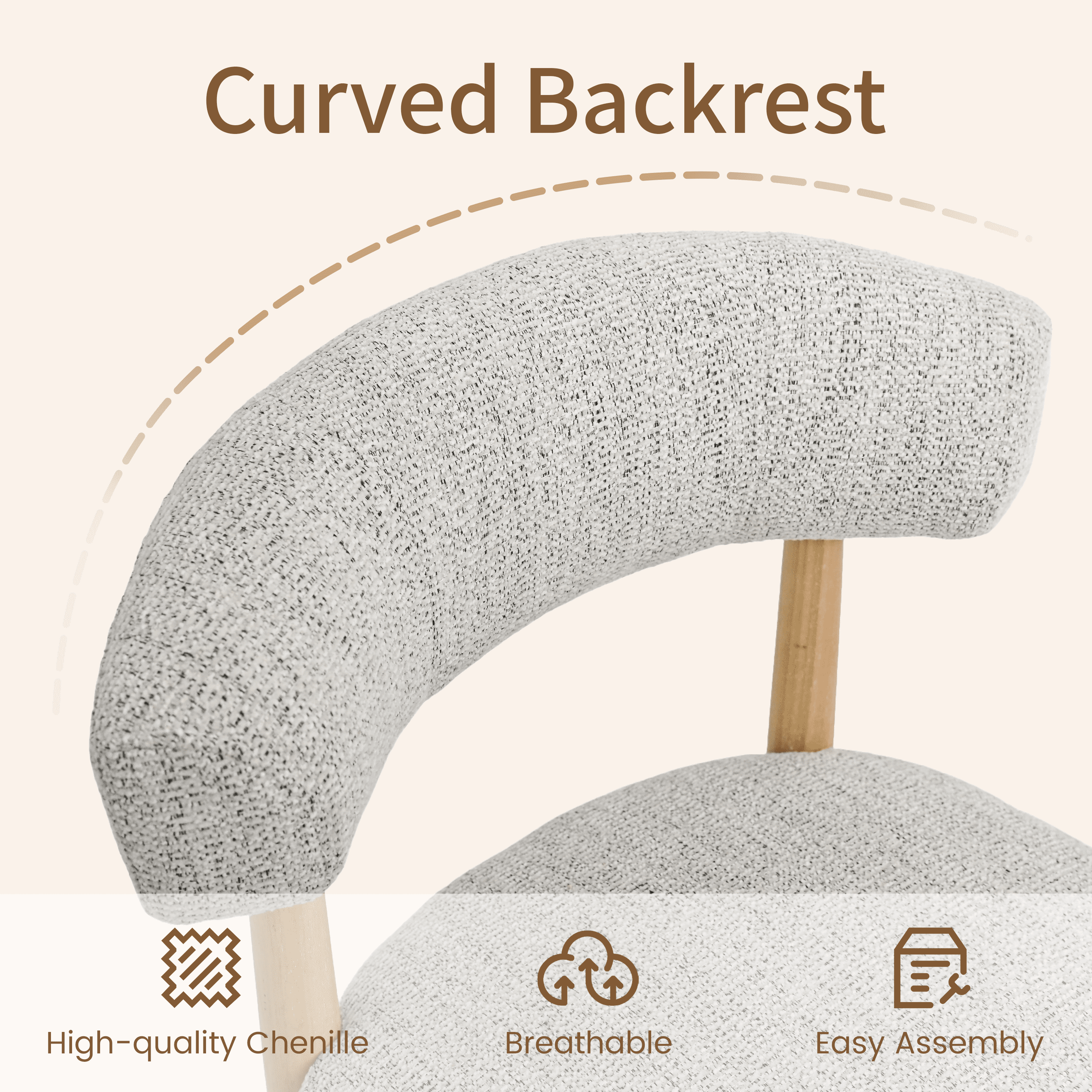 Vknow Furniture Minimalist Fabric Dining Chairs Set of 2 Solid Wood Legs Ergonomic Backrest for Dining Room Bedroom Study, Beige