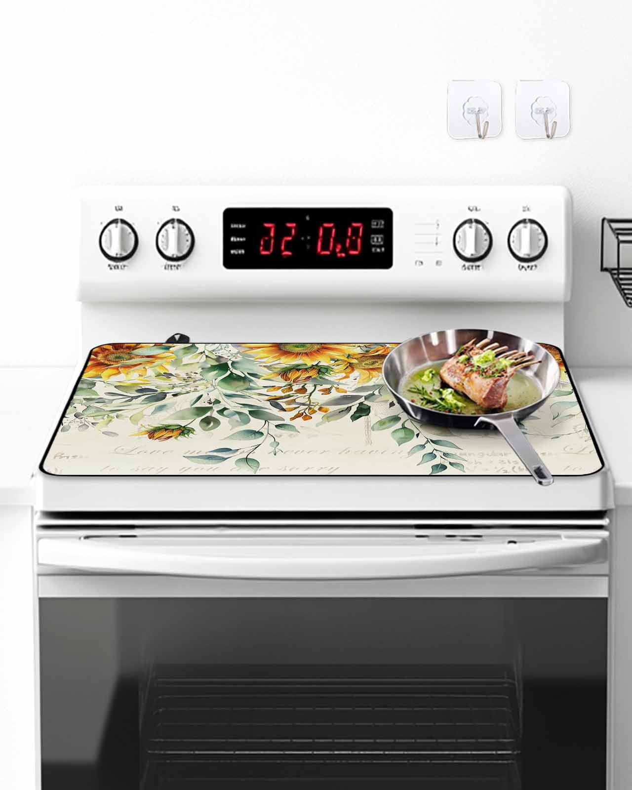 Stove Top Covers for Electric Stove, Sunflowers Glass Stovetop Cover Protector, Spring Floral Eucalyptus Leaves Summer Botanical Induction Cooktop Protector Oven Mat for Kitchen Countertop 24"x21"