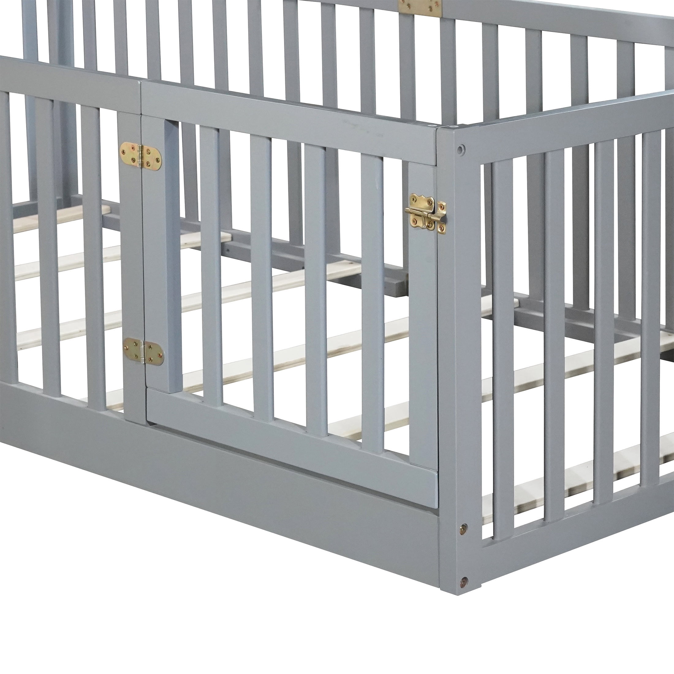 PORKISS Twin Size Floor Bed with Door and Fence, Twin Size Bed Frame with Bed Slats, Sturdy Wood Floor Bed for Kids, Boys, Girls, Montessori Bed Frame, Grey