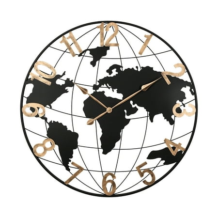 Wall Clock 36 Inch Large Black Metal Wall Clock, Modern Silent World Map Wall Clock with Vintage Gold Arabic Numeral, Decorative for Living Room, Entryway, Dinning Room, Bedroom,Modern Wall Clock