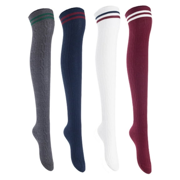 Lian Lifestyle Women's 4 Pairs Incredible Durable Super Soft Unique Over Knee High Thigh High Cotton Socks, Size US 6-9, JMYP1023 Dark Gray, Navy, White, Wine