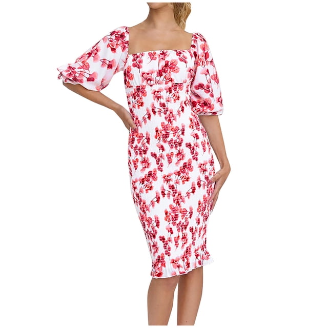 Économies d'Été! PEZHADA Robes d'Été pour Femmes, Robes Midi pour Femmes, Mode Décontractée de Printemps et Robe à Imprimé Floral à Manches Courtes, Épaules Dénudées, Longueur Genou, Rouge