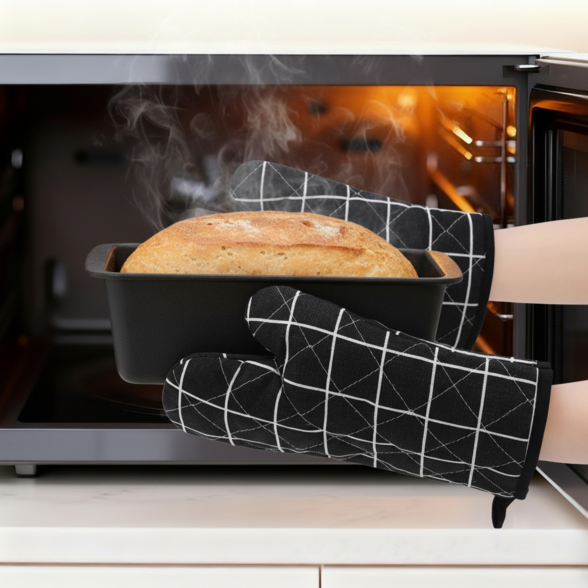 Unique Bargains Heat Resistant Oven Mitts and Pot Holders Sets 4 Pcs Black 10.6x6.7 Inch