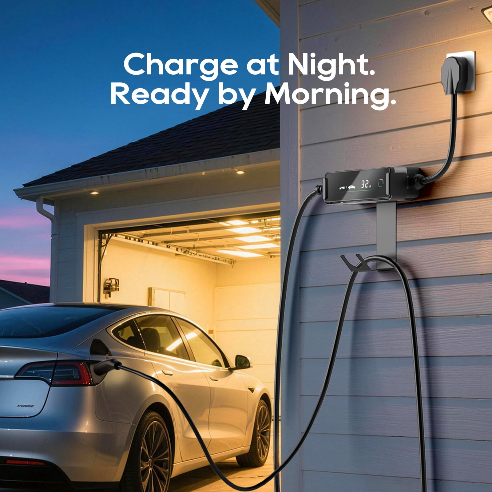 TOPDC Level 2 EV Portable Charger for Tesla, 32A 240V, Nema 14-50, Nacs Connector, 25ft Cable, Adjustable 16-32A, ETL Certified, Lcd Display, Plug-and-Play