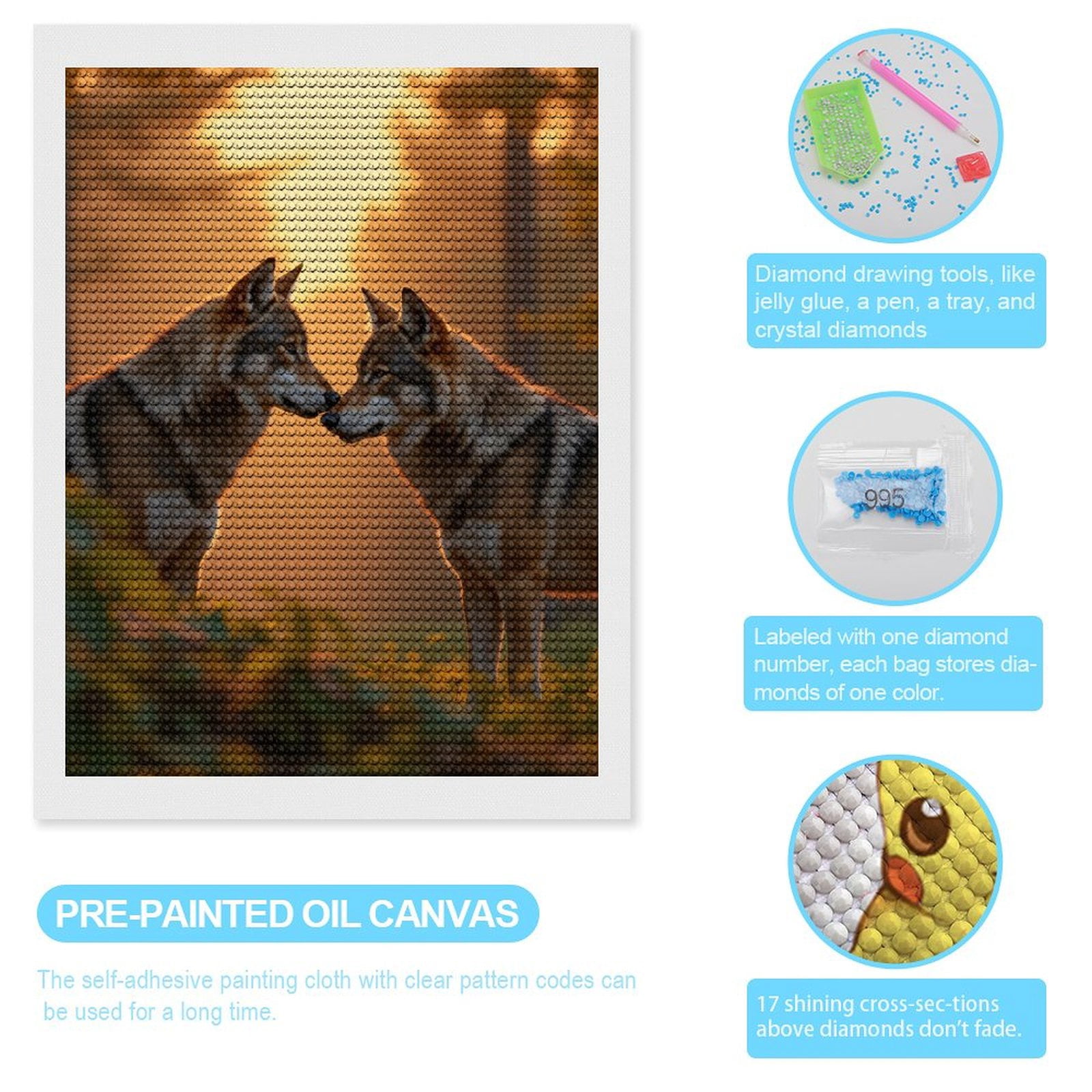 Diamond Art Kits for Adults, Sunset Forest Wolf Pair 5D Diamond Painting Kits for Adults Beginners, DIY Full Drill Diamond Painting, Gem Art and Crafts 12x16