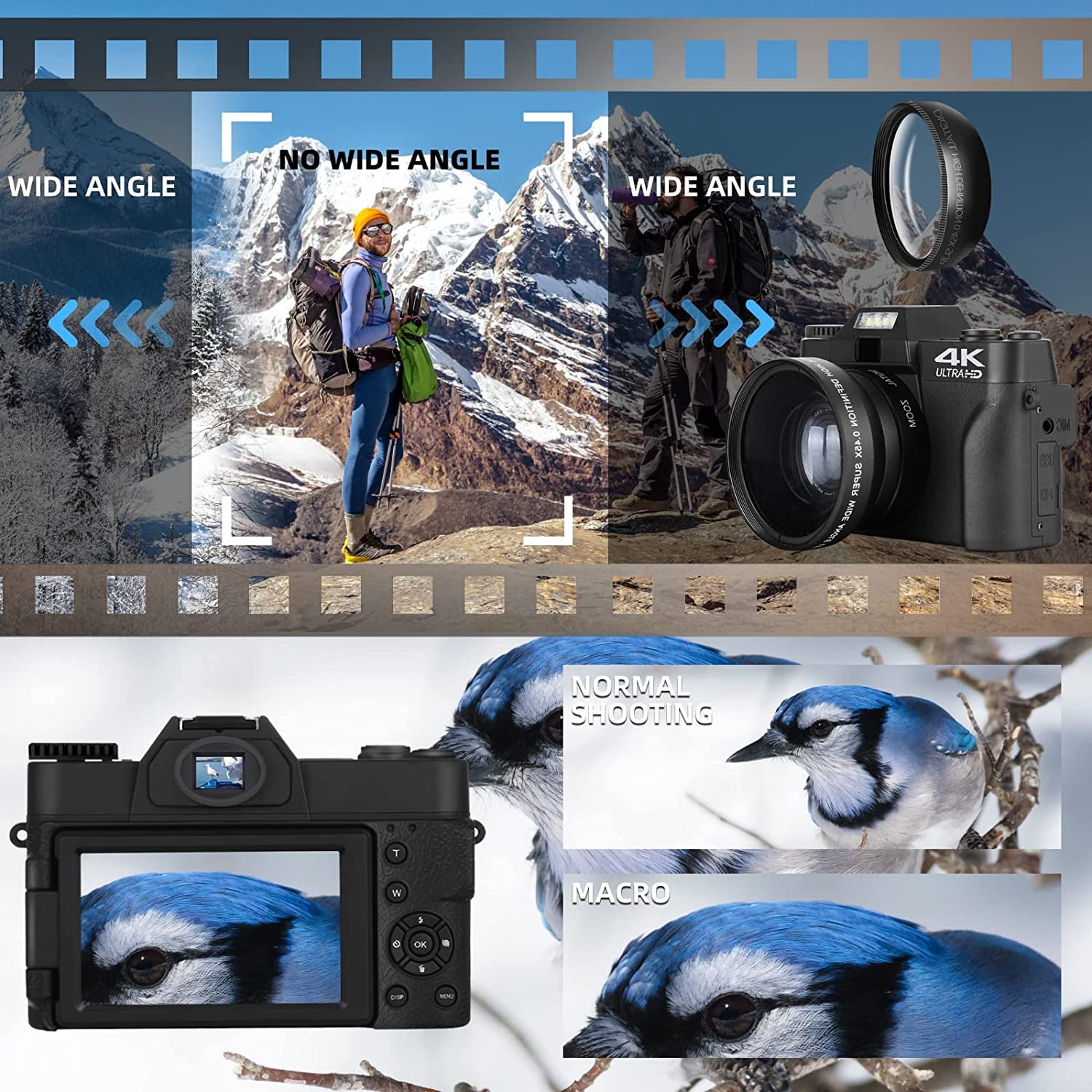 NBD Vlogging Camera 4K 48MP Digital Camera for Photography, Compact Camera for YouTube with Flip Screen, Autofocus, 16X Digital Zoom, 52mm Wide Angle & MacroLens, 32GB TF Card