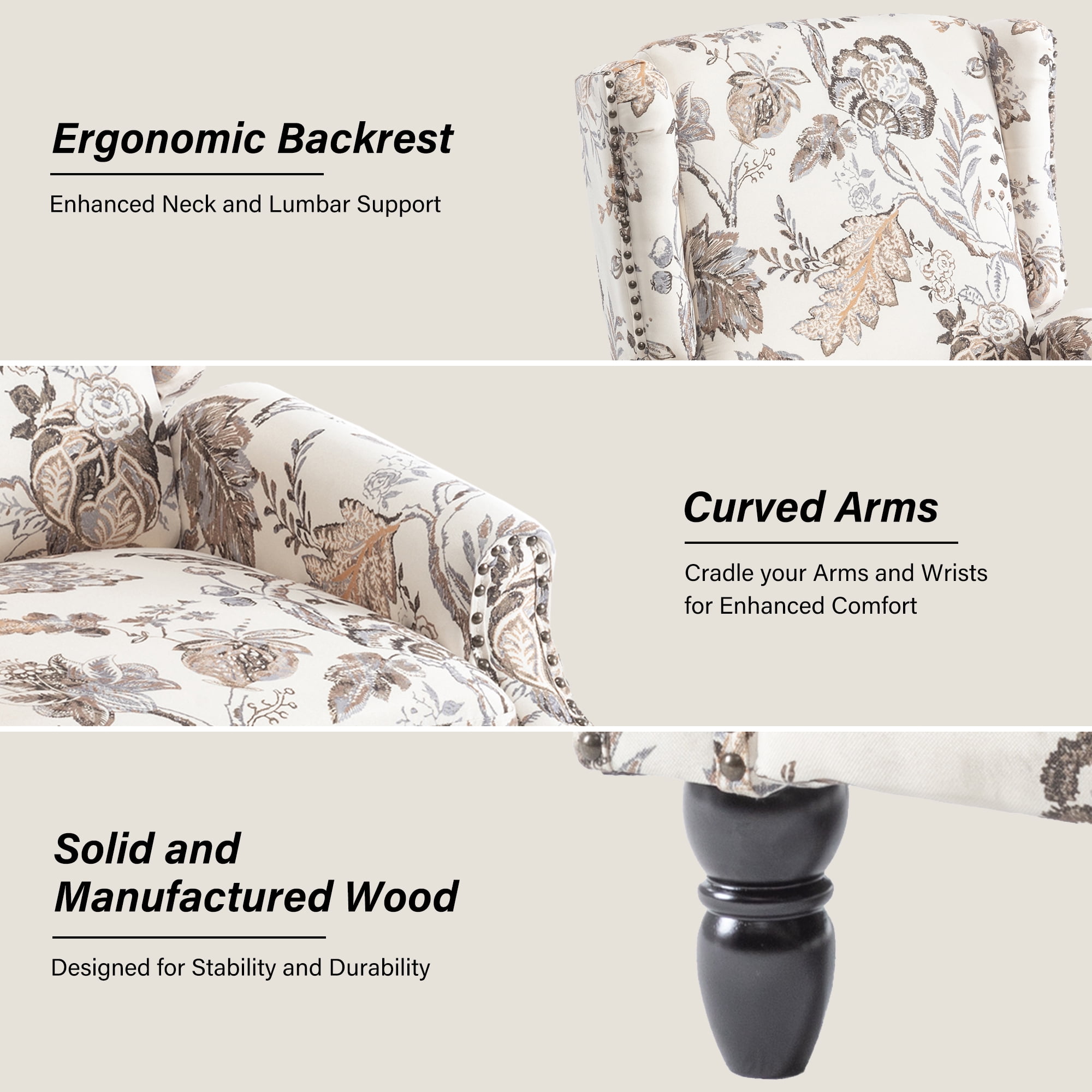 DREAMSIDEA Push Back Recliner Chair Set of 2 Living Room, Wingback Reclining Sofa Chair, Fabric Floral Recliner Reading Chair with Footrest for Living Room/Office/Apartment, Beige Plants