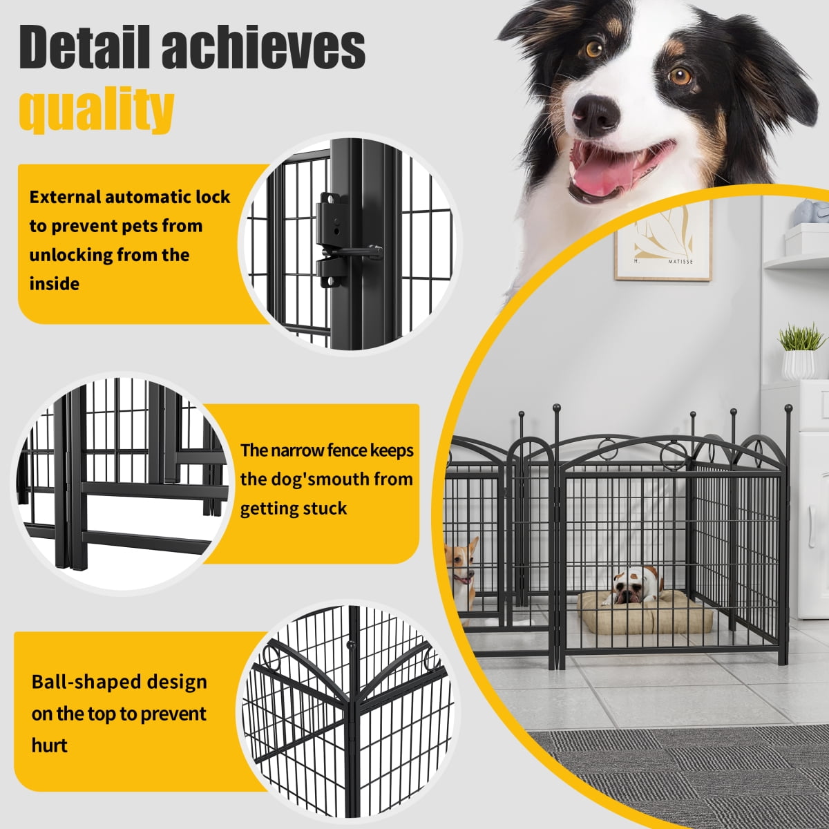 LuckyNote 24" Dog Playpen 8-Panel Metal Pet Fence w/ Door, Heavy Duty Indoor Outdoor Exercise Pen, Foldable DIY Enclosure for Small Large Dogs, Rust-Resistant Black