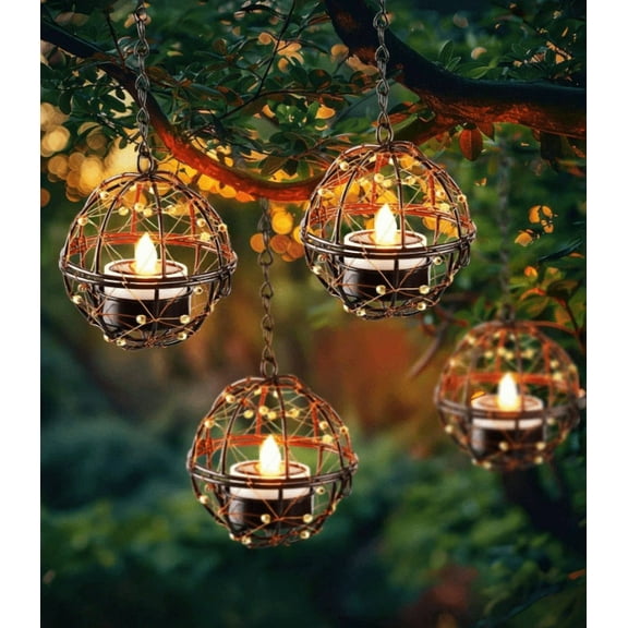 Solar-powered outdoor hanging lanterns, waterproof spherical flashing tea lights, 4-pack