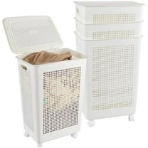 4-Pack 65 L Plastic Slim Laundry Hamper with Lid, Wheels and Pull Handles, Large Tall Laundry Basket, White