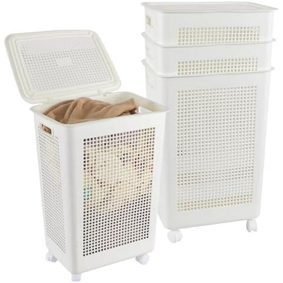 4-Pack 65 L Plastic Slim Laundry Hamper with Lid, Wheels and Pull Handles, Large Tall Laundry Basket, White