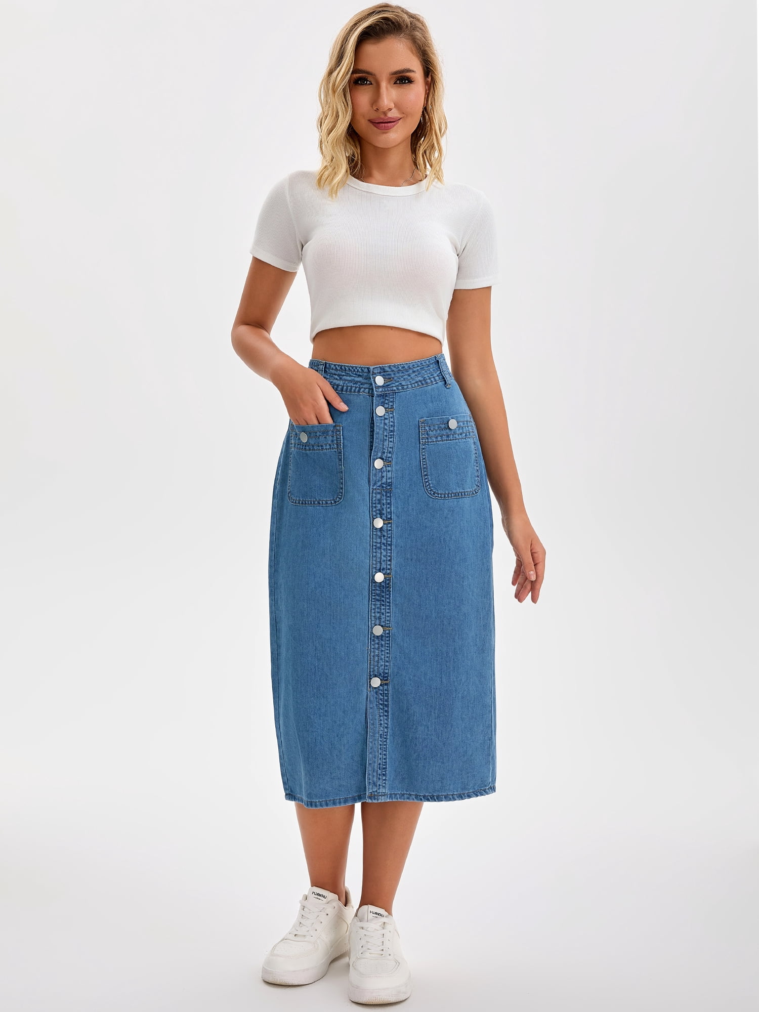 DARING DIVA Women's Slit Back Midi Denim Pencil Skirt with Pockets S Blue