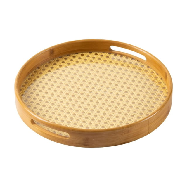 Bandeja de bambú con asas, redonda, nórdica, para el hogar, mesa de centro, dormitorio. Diámetro 30cm