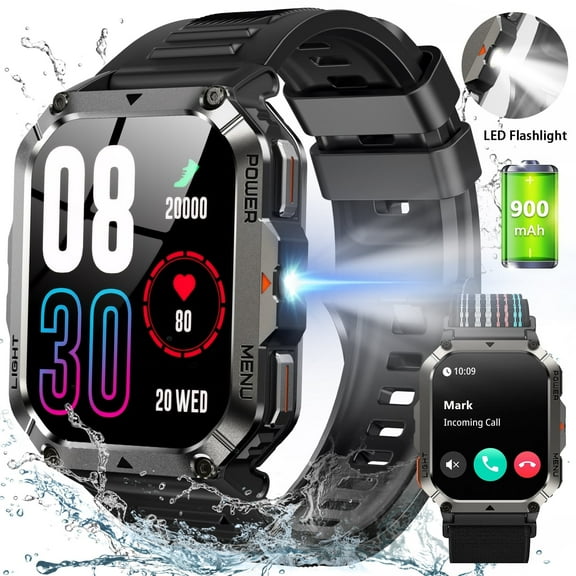 Blackview  2.01" Military Smart Watch for Men,with Calling,Flashlight,Compass,100+ Sports Modes,Large 900 mAh Battery, fits for Android iPhone,Black