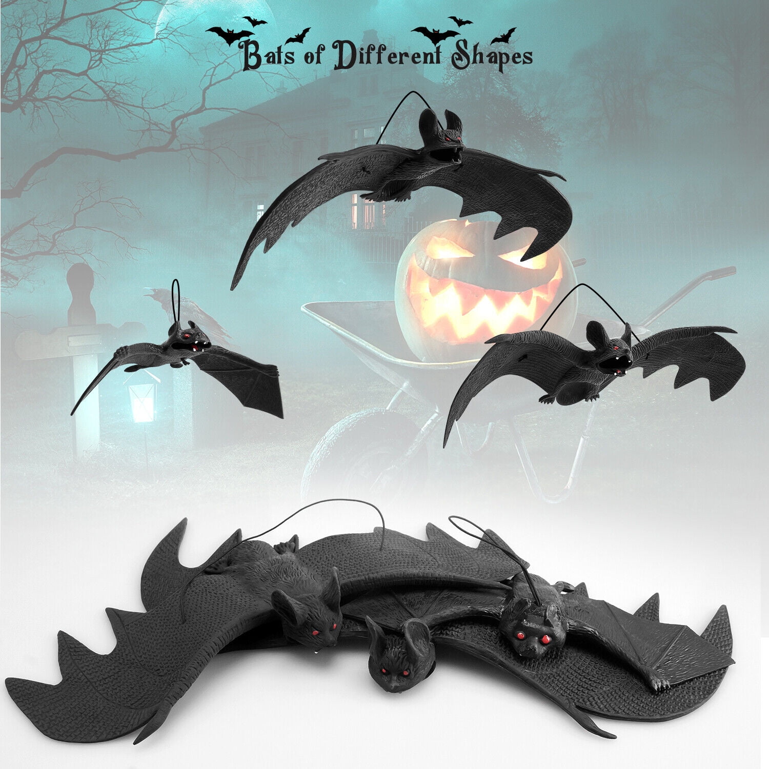 5pcs Large Halloween Hanging Vampire Bat Decoration Props Fake Rubber Bats For Halloween Party