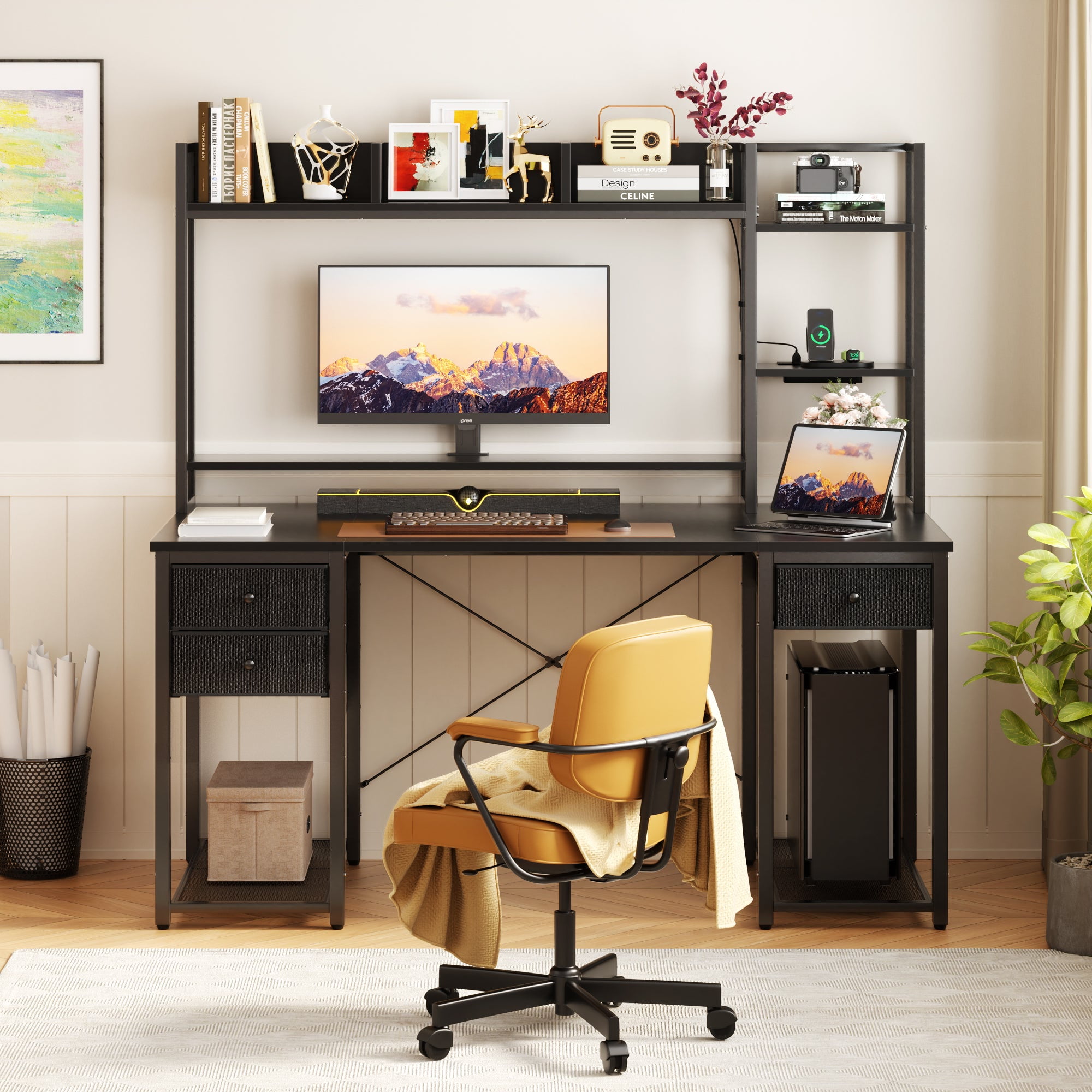 Homieasy Desk with Hutch & Power Outlets, 47.2'' Computer Gaming Desk with LED Lights and Drawers, Reversible Office Desk with Storage Shelves, Workstation Desk for Home & Office, Black
