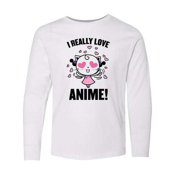 Inktastic I Really Love Anime with Cute Anime Cat and Hearts Long Sleeve Youth T-Shirt