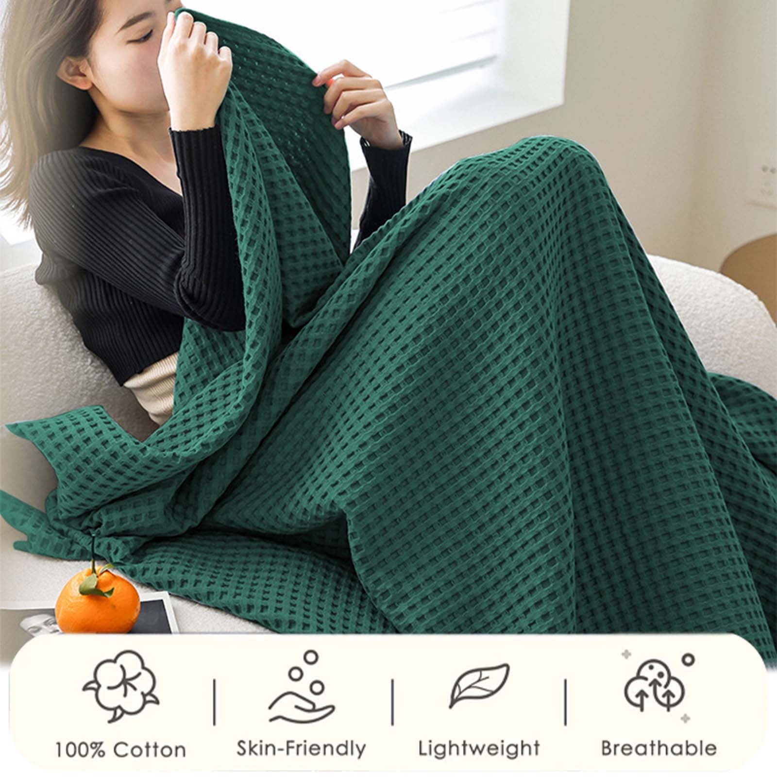 Loyerfyivos Cotton Blankets Queen Size for Bed - Waffle Weave Blankets for Summer, Lightweight and Breathable Soft Woven Blankets for Spring, White, 43.31x59.05in (Army Green)