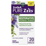 ZzzQuil PURE Zzzs, Restorative Herbal Sleep, Melatonin Free Plant-Based Sleep Aid, Valerian Root, Hops & Passion Flower, Sleeping Aid for Adults, 20 Tablets