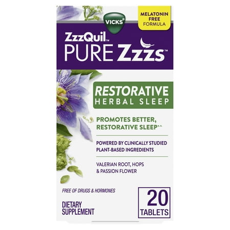 ZzzQuil PURE Zzzs, Restorative Herbal Sleep, Melatonin Free Plant-Based Sleep Aid, Valerian Root, Hops & Passion Flower, Sleeping Aid for Adults, 20 Tablets